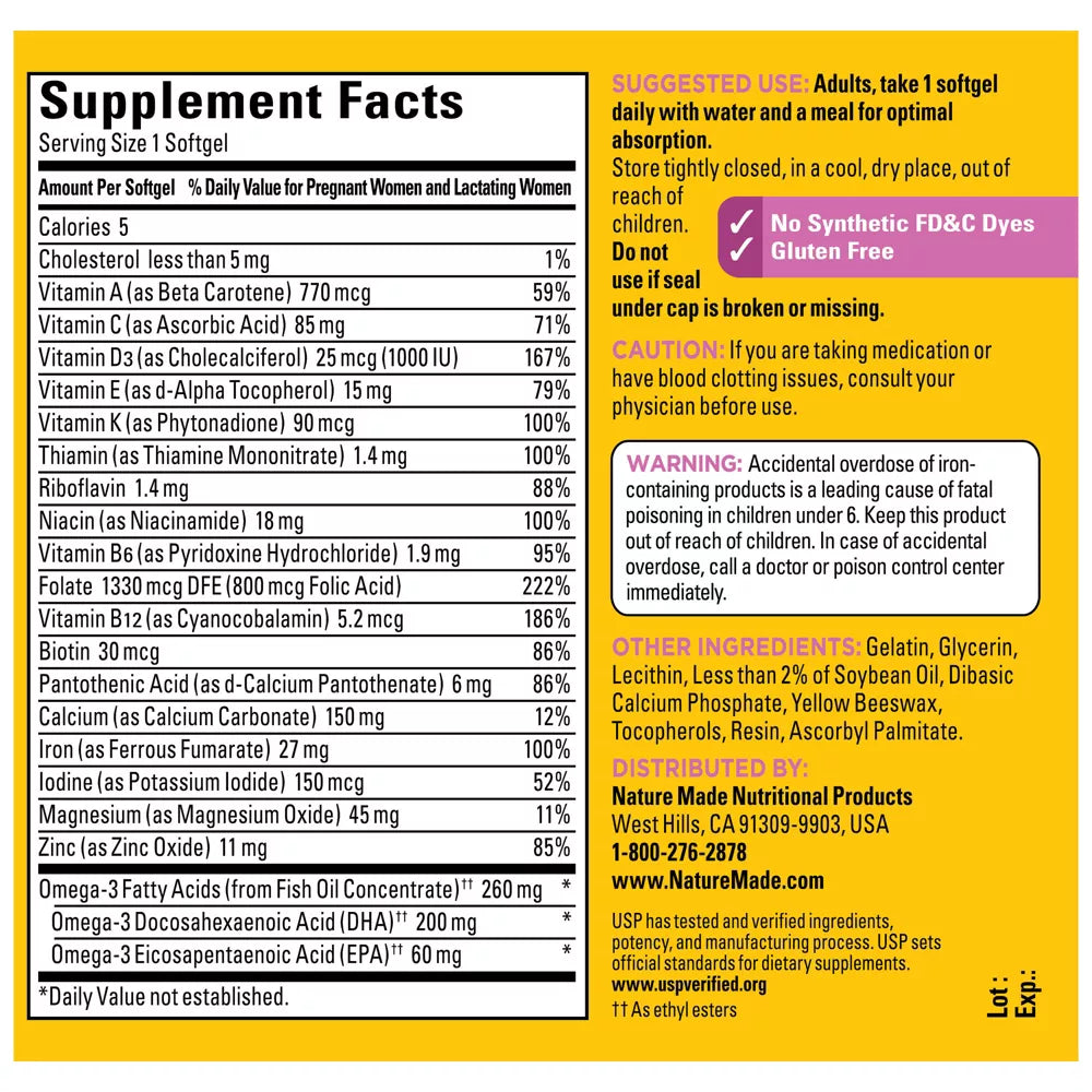 Nature Made Prenatal with Folic Acid + DHA – Prenatal Vitamin & Mineral Softgels